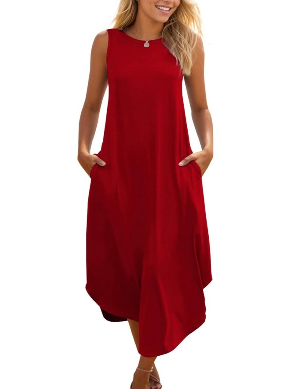 Women's Red Casual Summer Sleeveless Dress Beach Sundress Split Long Dress